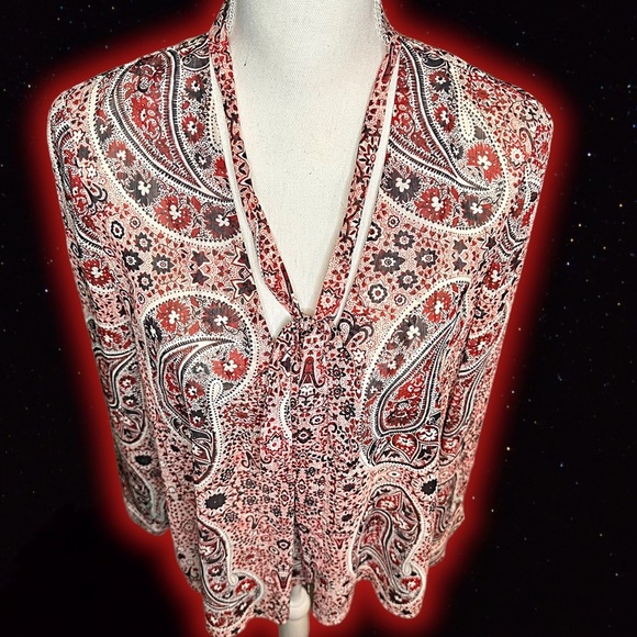 Alice + Olivia ‘Anabel’ Multicolor Burgundy Bohemian Paisley Pussybow Top Size S - Picture 9 of 16